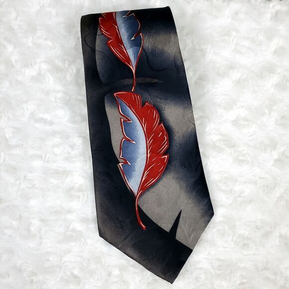 Tommy Bahama Feather Print Silk Tie Gray Red - Picture 2 of 8